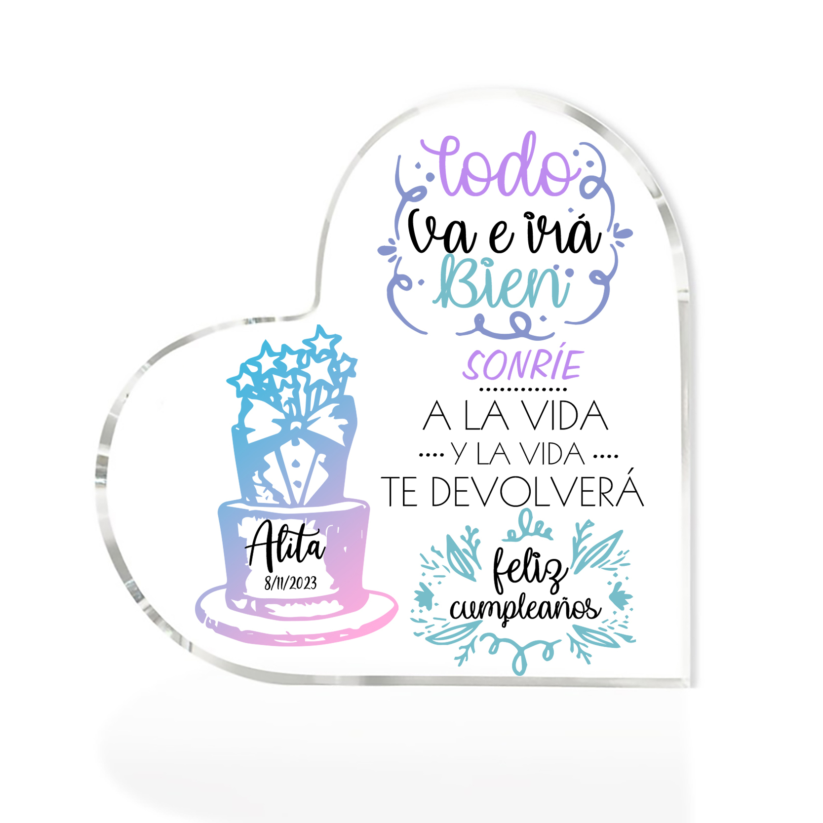 Cumpleaños-Placa de acrílico en forma de corazón con nombre y fecha personalizados-Jessemade ES