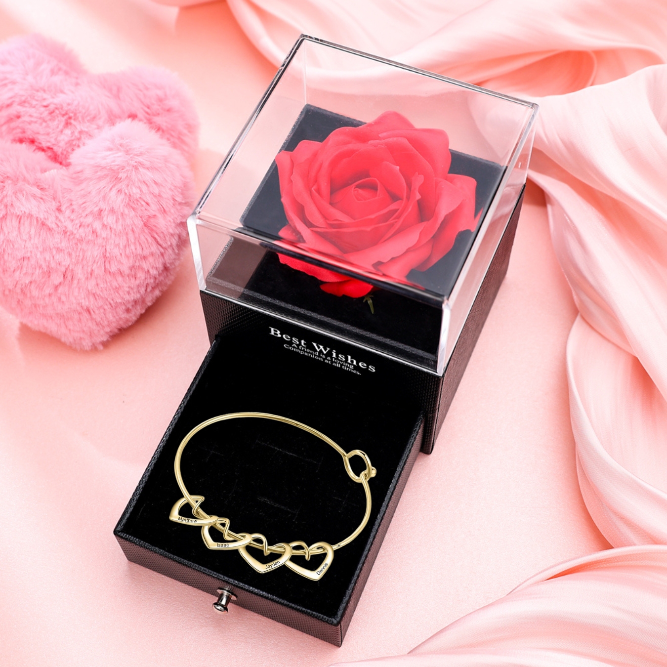Pulsera con 4 nombres personalizados en 4 dijes de corazón-Jessemade ES