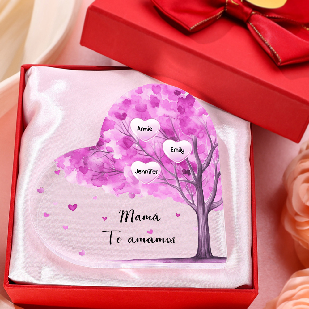 A mi mamá/abuela-Placa de acrílico "Árbol" en forma de corazón 3 nombres y 1 texto personalizados-Jessemade ES