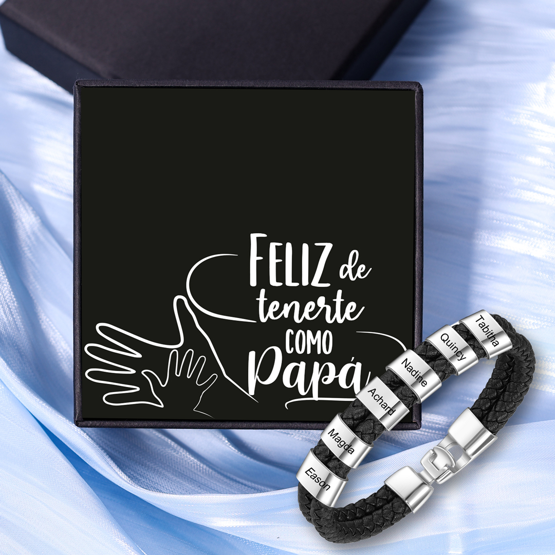 A mi papá-Pulsera de cuero trenzado Pulsera de hombre con 6 aros personalizados con 6 nombres-Jessemade ES