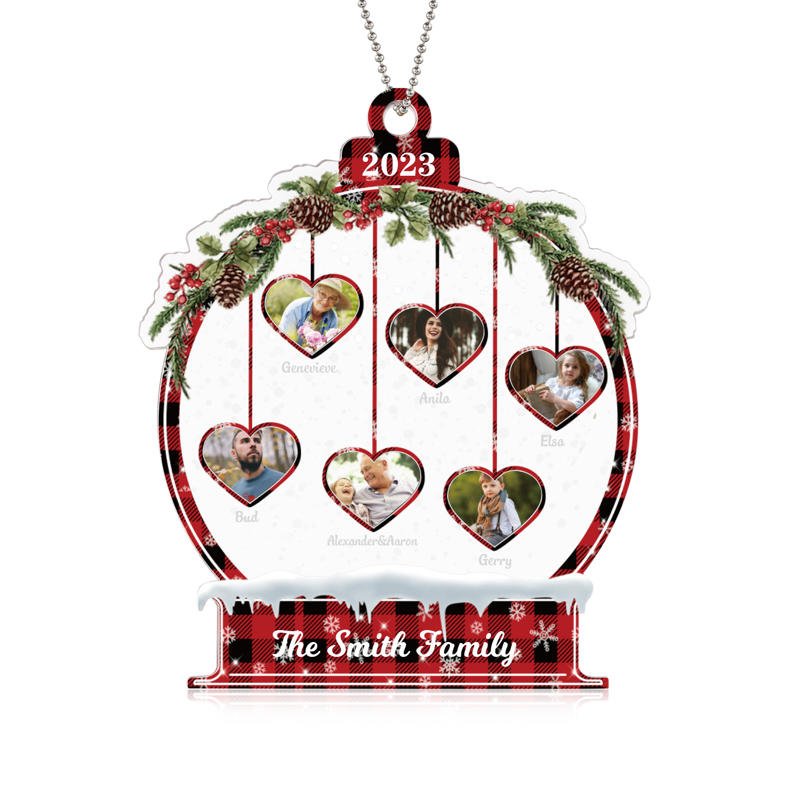 Navidad-Ornamento navideño de acrílico bola de cristal con 6 nombres, 6 fotos y 1 texto personalizados-Jessemade ES