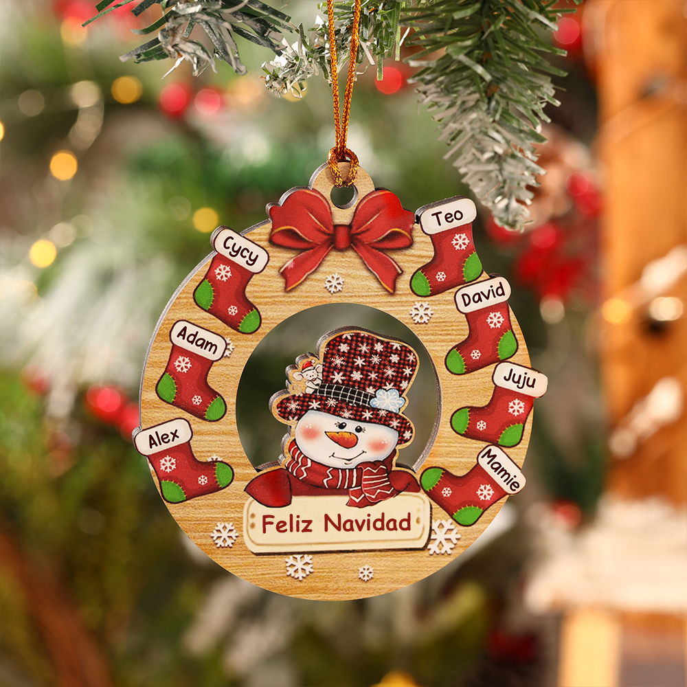 Navidad-Ornamentos Navideños de Madera Muñecos de Nieve y Calcetines 7 Nombres con Texto Personalizados-Jessemade ES
