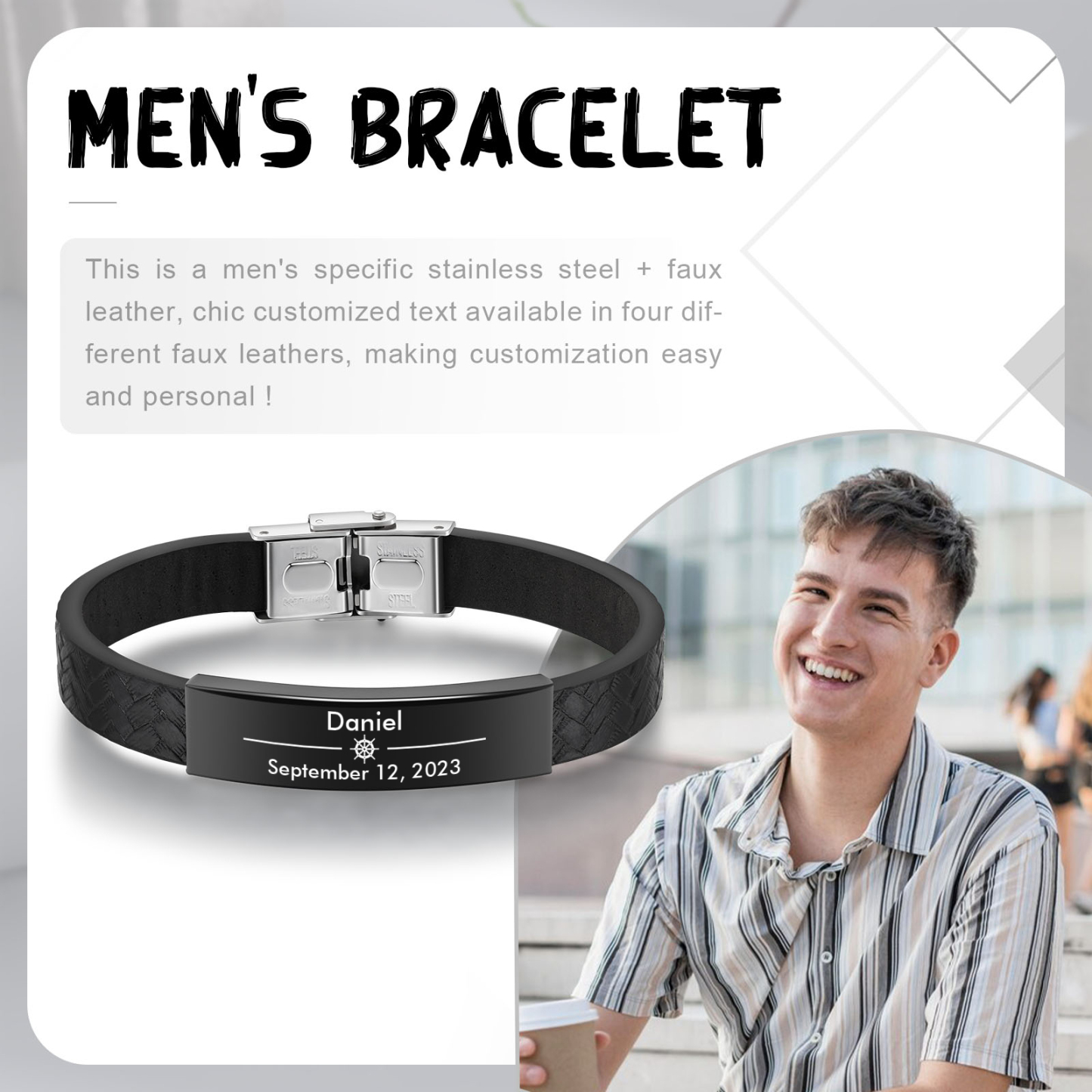 Pulsera de Cuero con Placa de Nombre y Fecha Personalizados -Jessemade ES