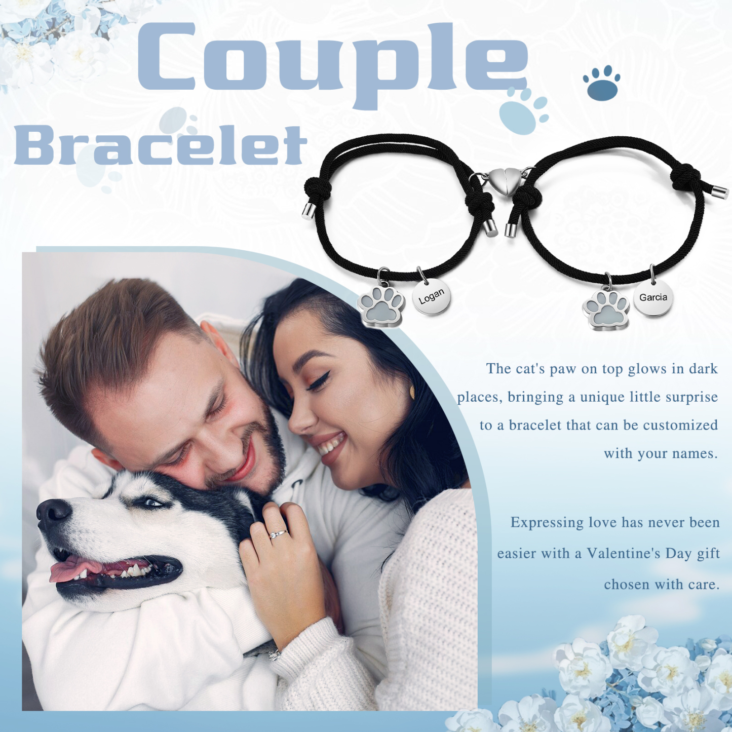 Pulsera para pareja de pata fluorescente 2 nombres personalizados con dije de corazón magnético-Jessemade ES
