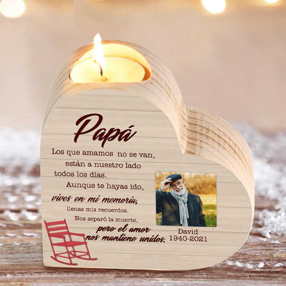 Candelero de corazón en memoria de papá personalizado con nombre, foto y texto de madera sin vela-Jessemade ES
