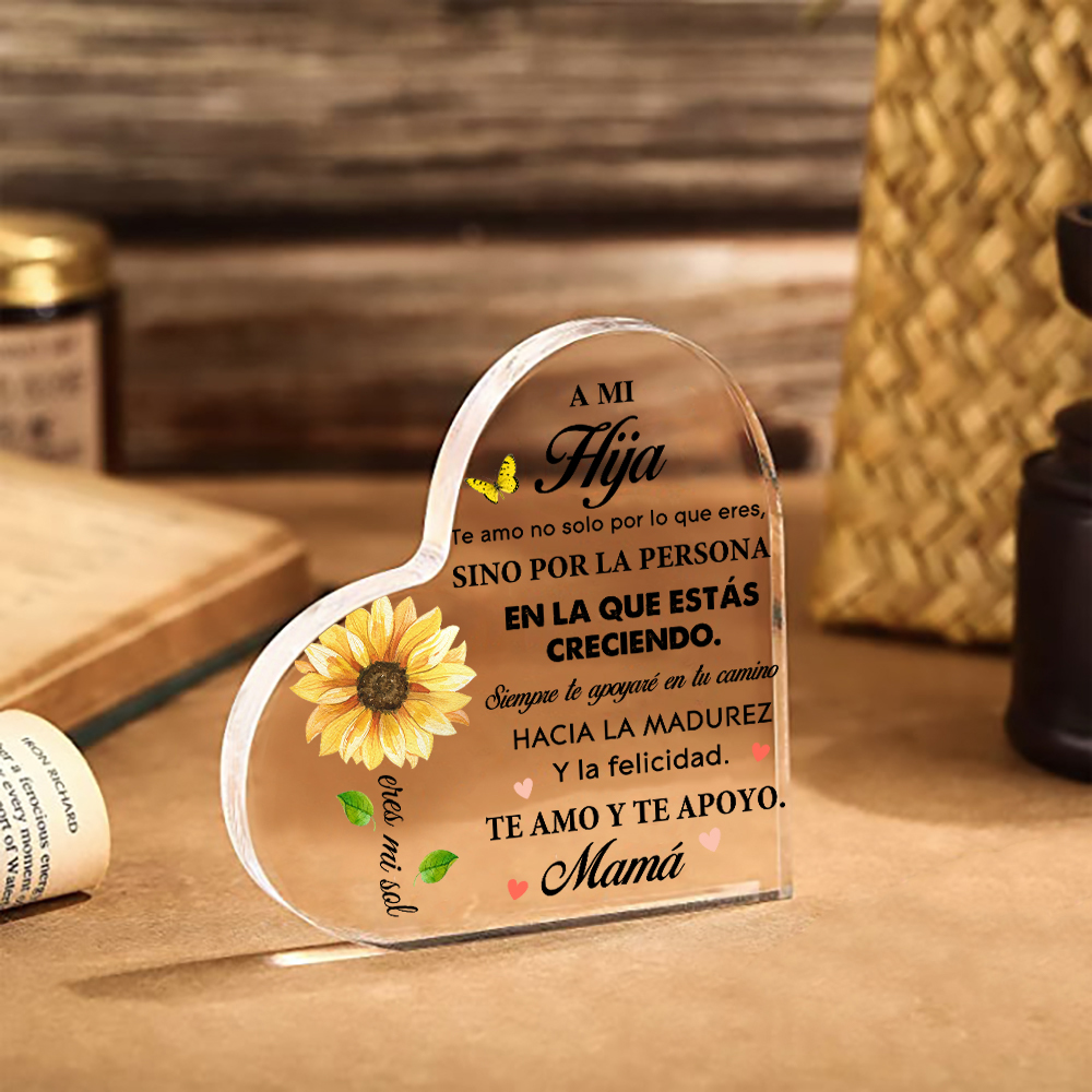A mi hija-Placa de acrílico en forma de corazón de girasol con 1 nombre personalizado-Jessemade ES