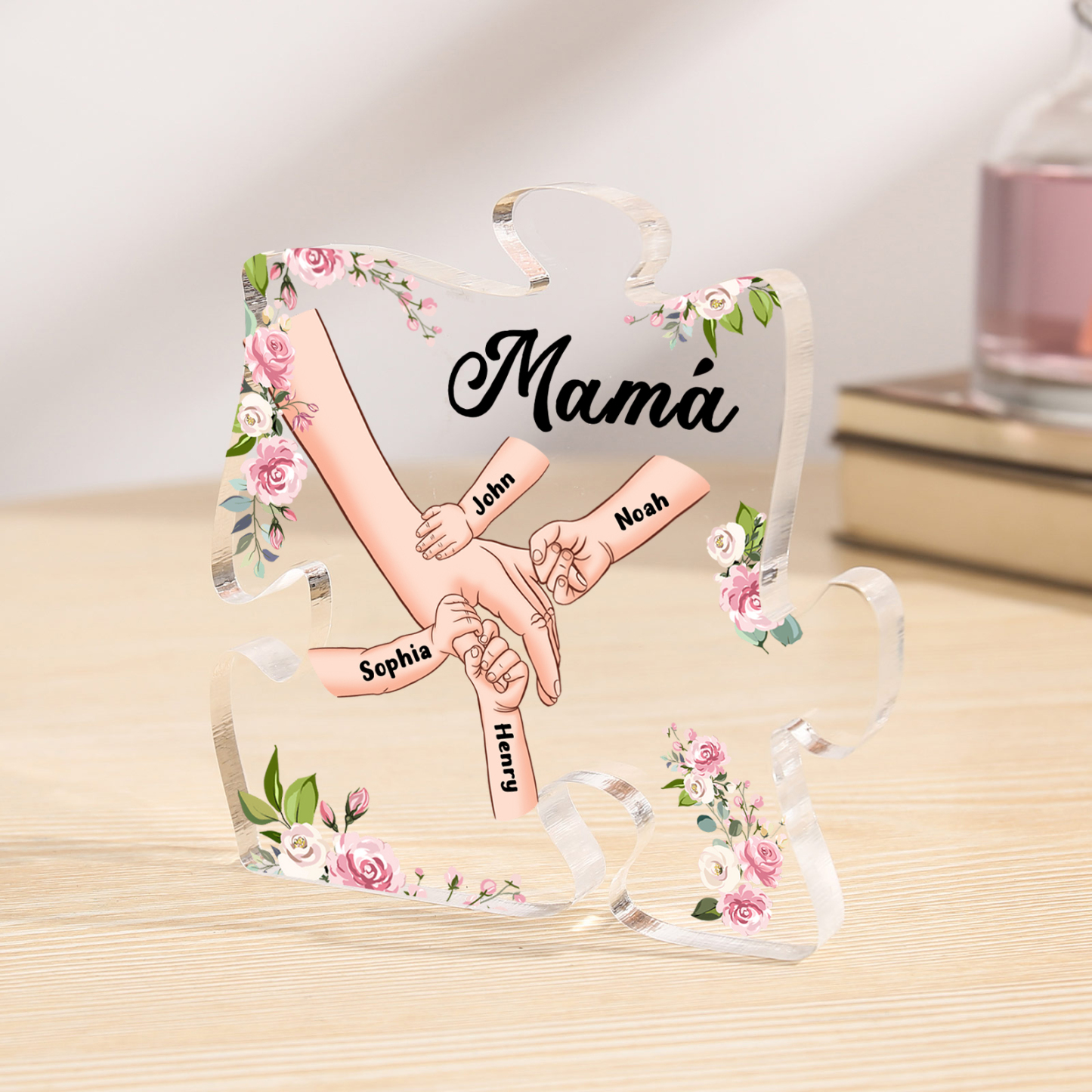 A mi mamá/abuela-Placa de acrílico en forma de corazón mano a mano con 1 texto y 4 nombres personalizados | Jessemade