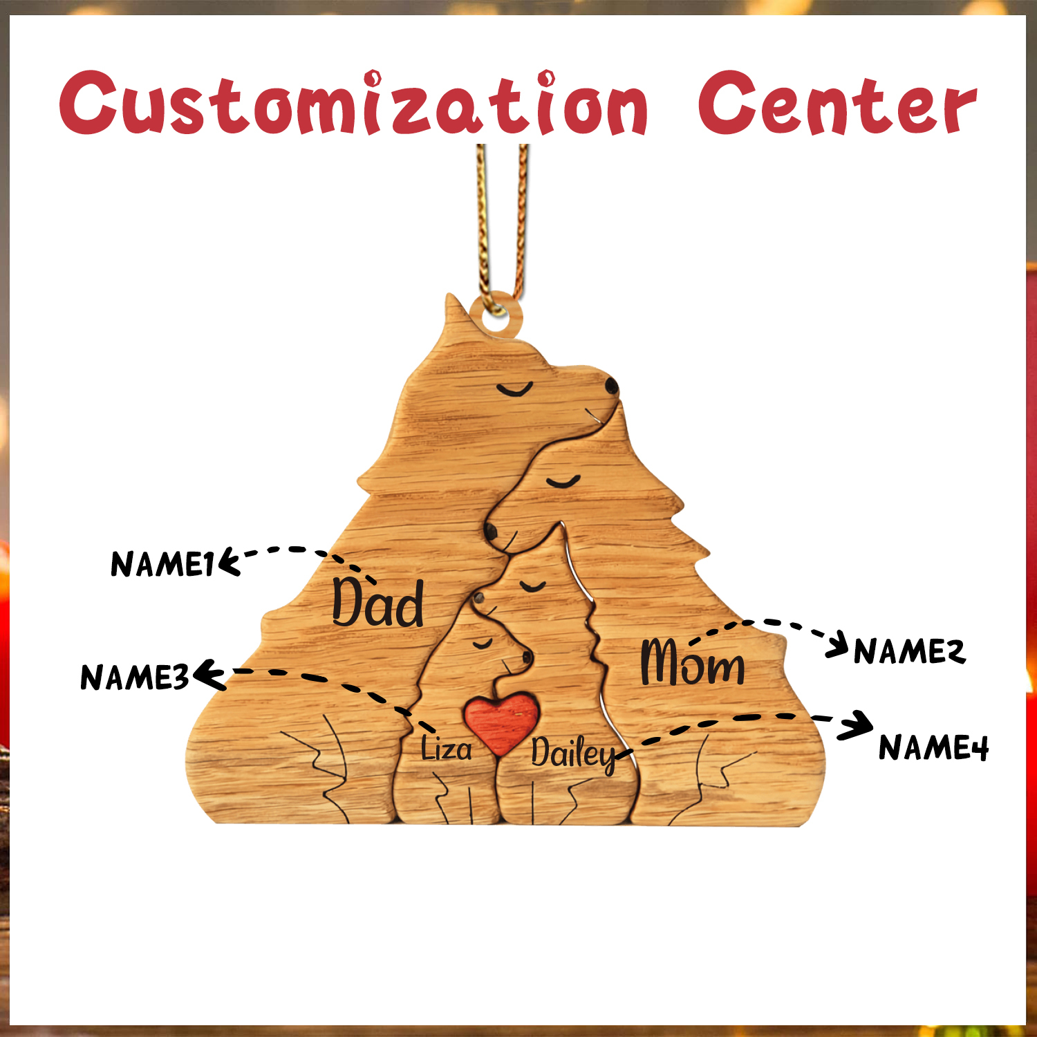 Navidad-Ornamento muñecos navideño de madera familia de zorros 4 nombres personalizados adorno del árbol-Jessemade ES