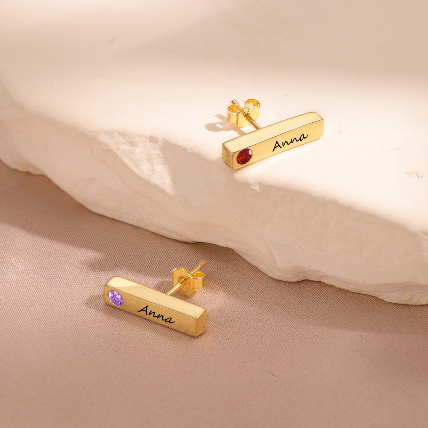 Aretes personalizados con 1 nombre y 2 piedras de nacimiento pendientes-Jessemade ES