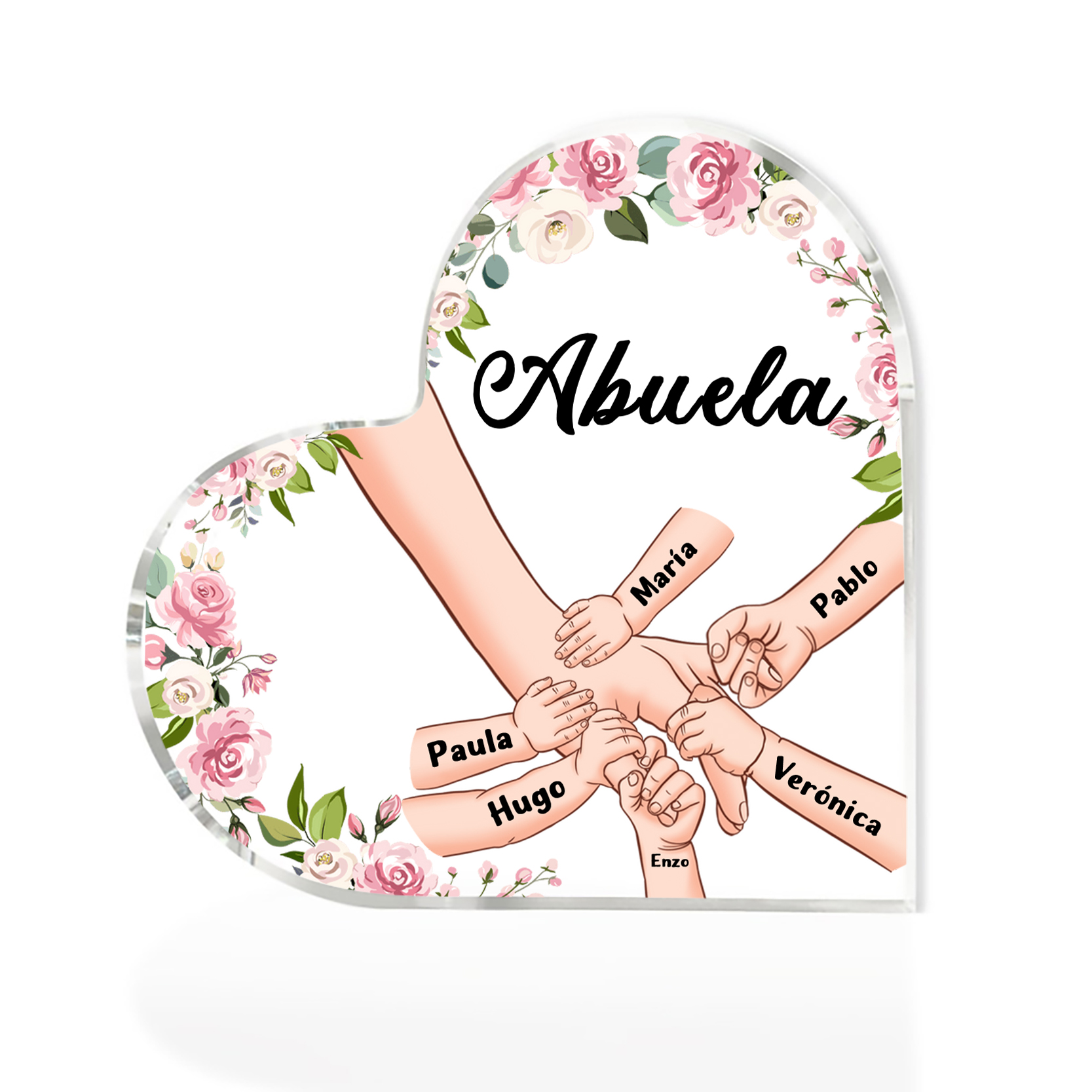 A mi mamá/abuela-Placa de acrílico en forma de corazón mano a mano con 1 texto y 6 nombres personalizados | Jessemade