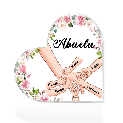 A mi mamá/abuela-Placa de acrílico en forma de corazón mano a mano con 1 texto y 6 nombres personalizados | Jessemade