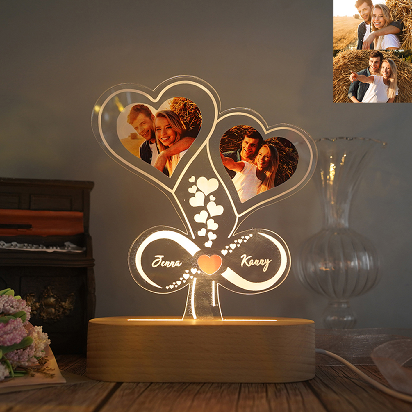 Lámpara para pareja 3D Ilusión Luz de Noche LED de corazón 2 nombres y 2 fotos personalizados-Jessemade ES