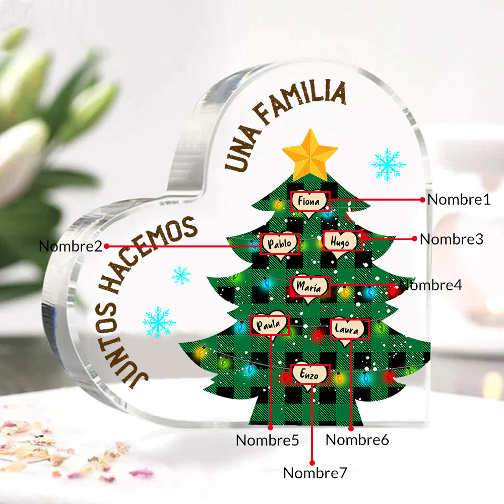 Navidad - Placa de acrílico en forma de corazón árbol con luces con 7 nombres personalizados-Jessemade ES