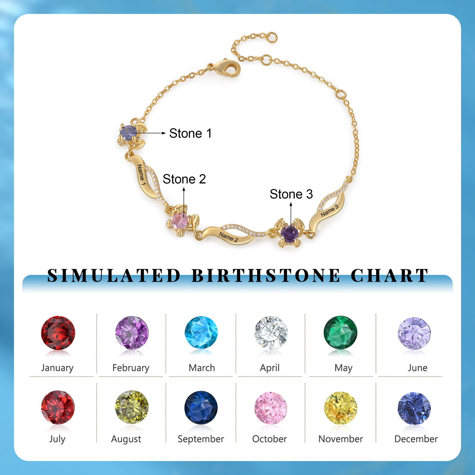 Pulsera con dije de cangrejo para mujer personalizada con 3 nombres y 3 piedras de nacimiento-Jessemade ES