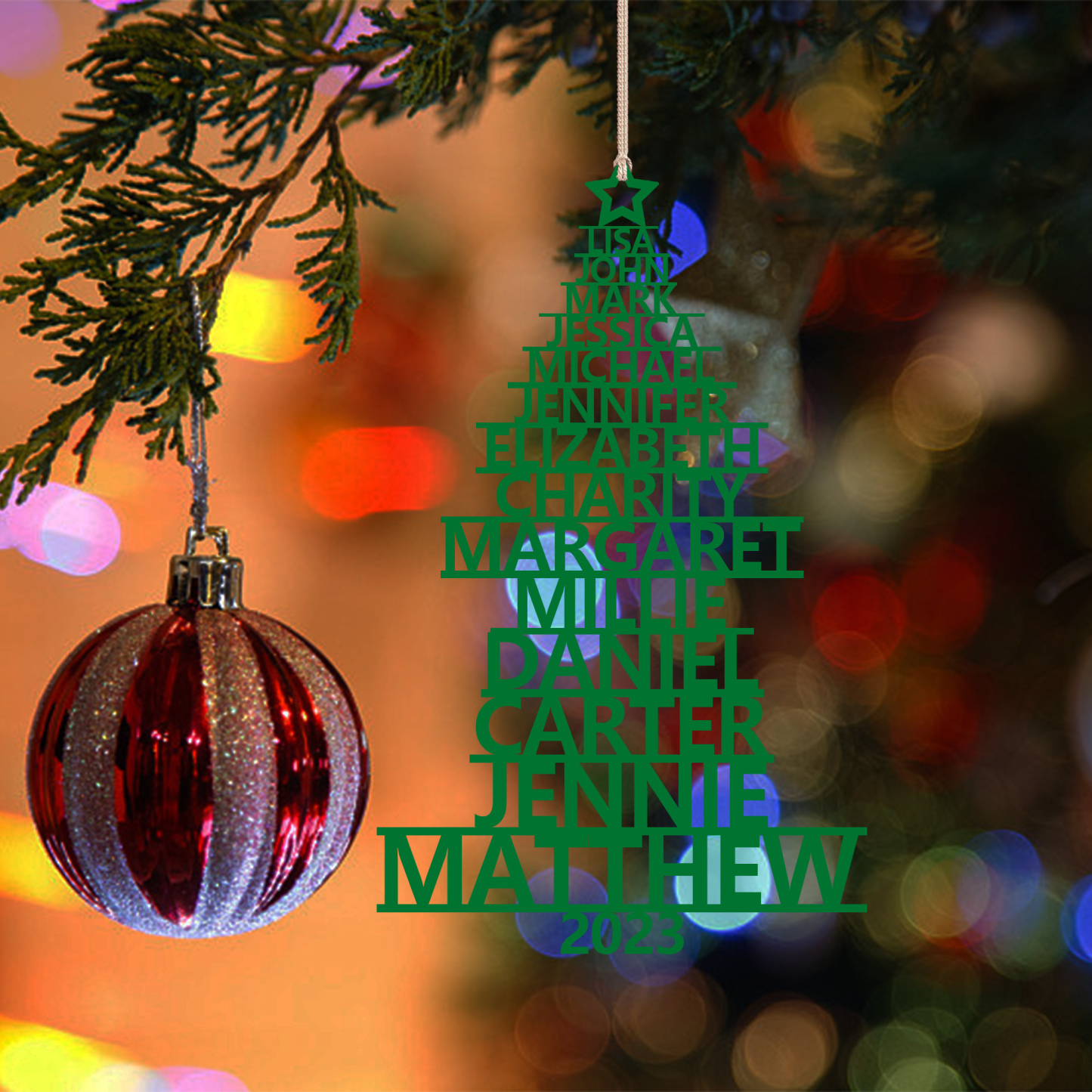 Navidad-Ornamento navideño de madera árbol de nombres con 14 nombres y año personalizados