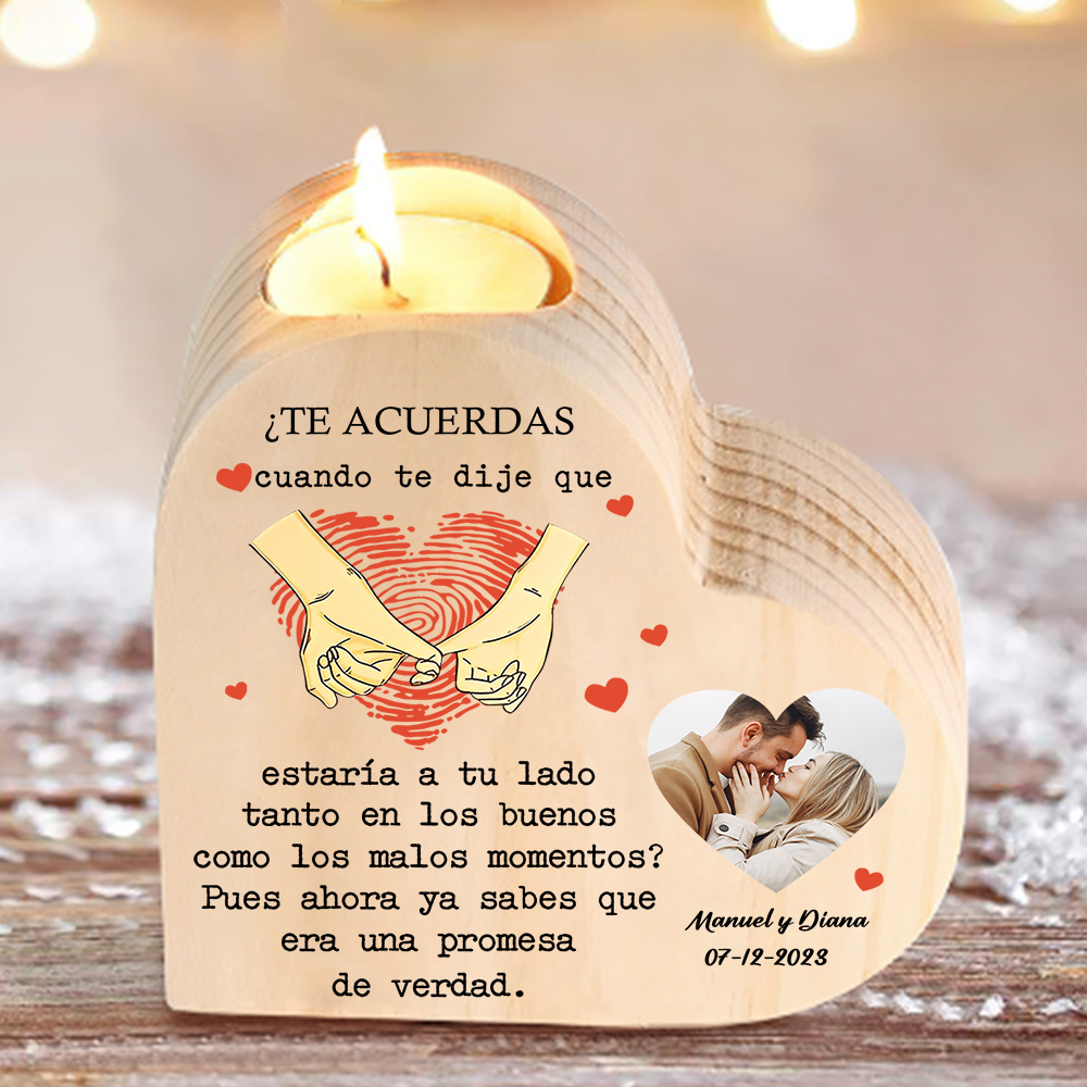 Candelero de madera dedos cogidos para pareja sin vela personalizado con texto, fecha y foto-Jessemade ES