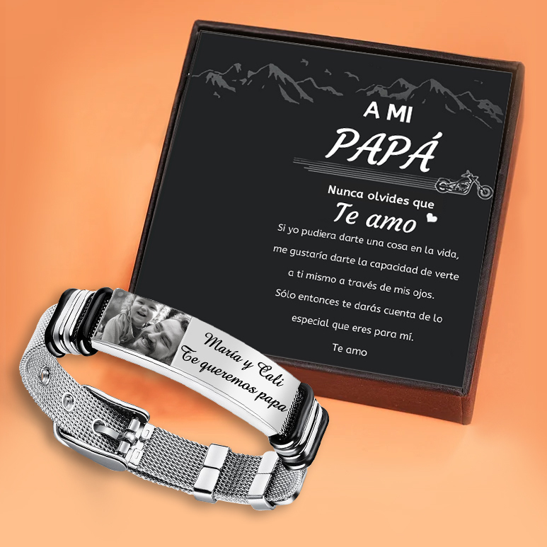 A mi papá-Pulsera de cadena personalizada con 2 textos y 1 foto-Jessemade ES