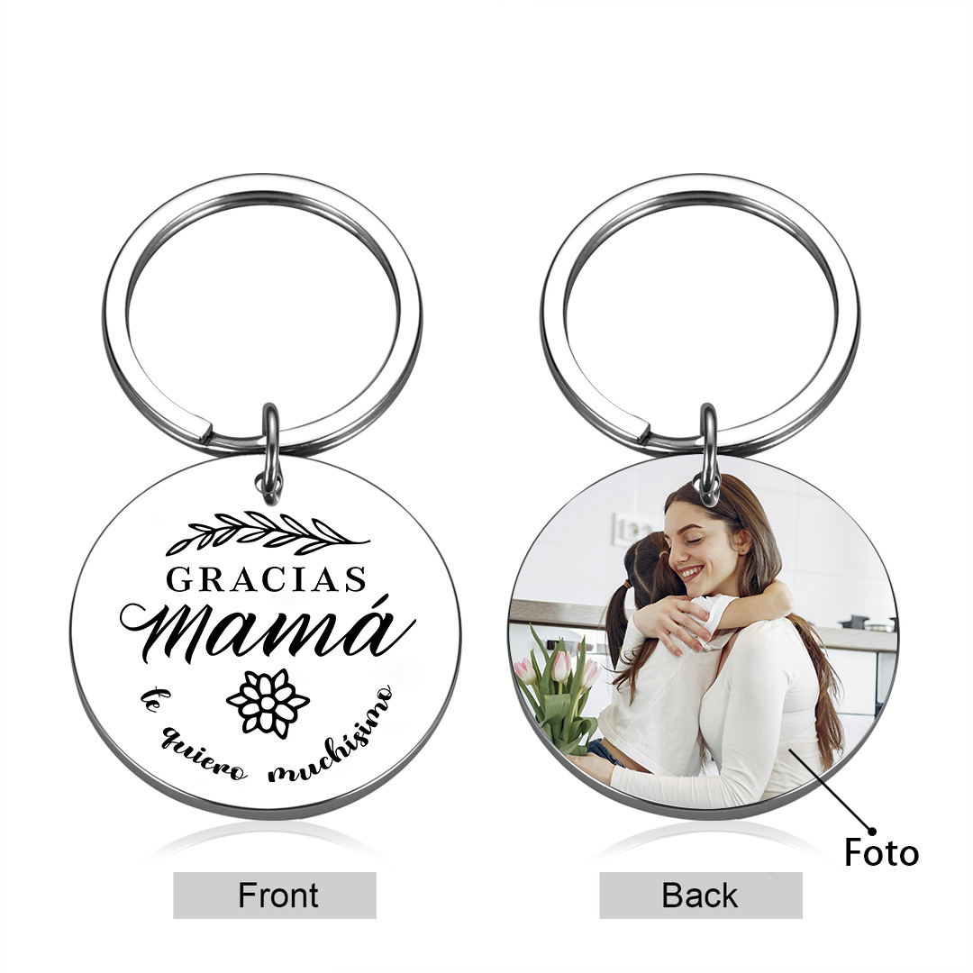 A mi mamá - Llavero de placa redonda "gracias mamá" con 1 foto personalizada-Jessemade ES