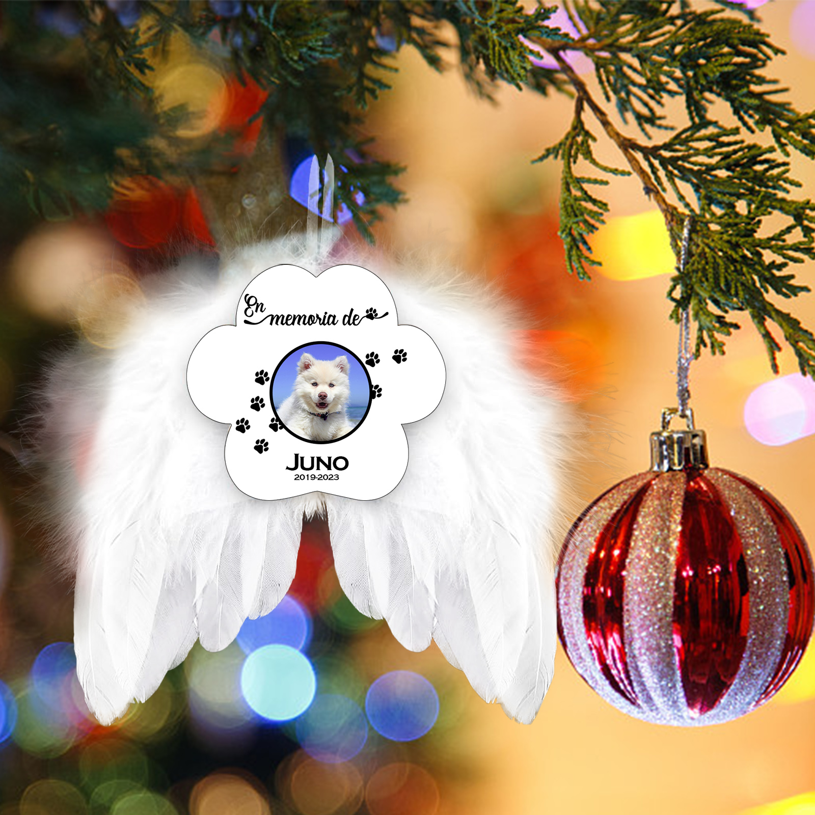 Navidad-Ornamento navideño alas de ángel en memoria de perros con 1 foto, 1 nombre y años personalizados-Jessemade ES