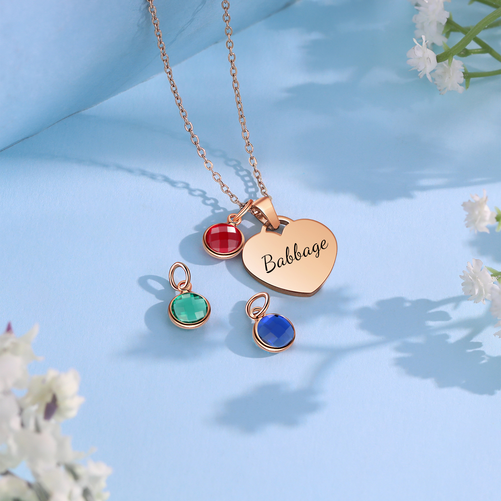 Collar de corazón con 1-3 colgantes de piedras de nacimiento con 1 nombre-Jessemade ES