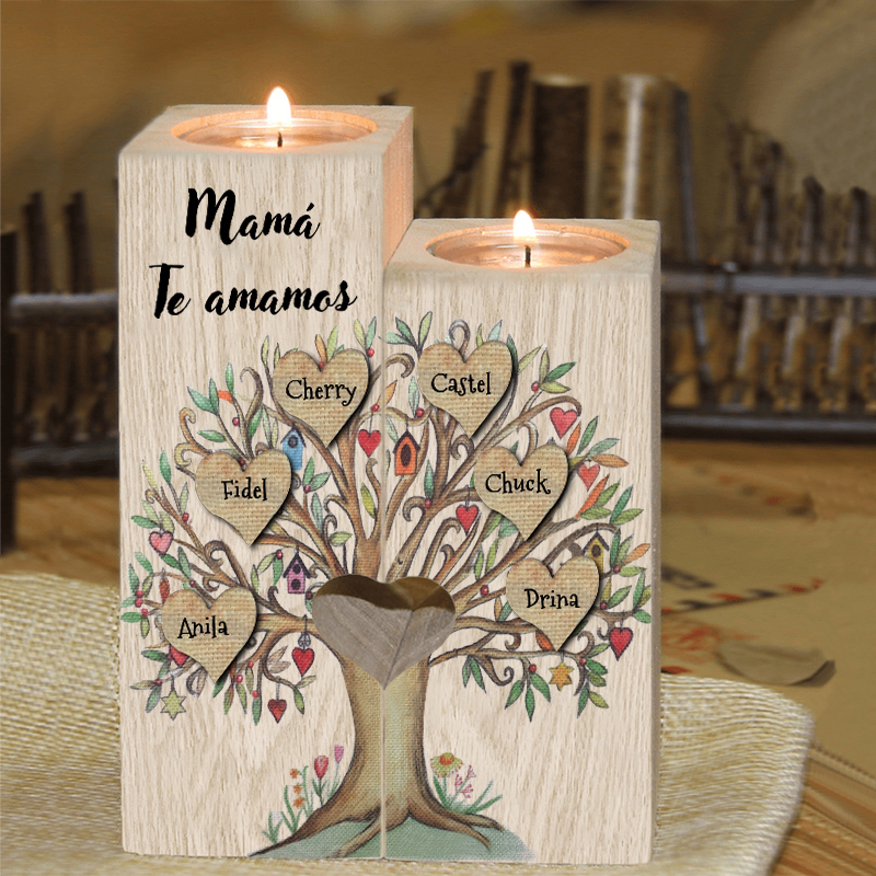 A la familia-Candelero de árbol de la vida de madera personalizado con 3-8 nombres y 1 texto sin vela-Jessemade ES