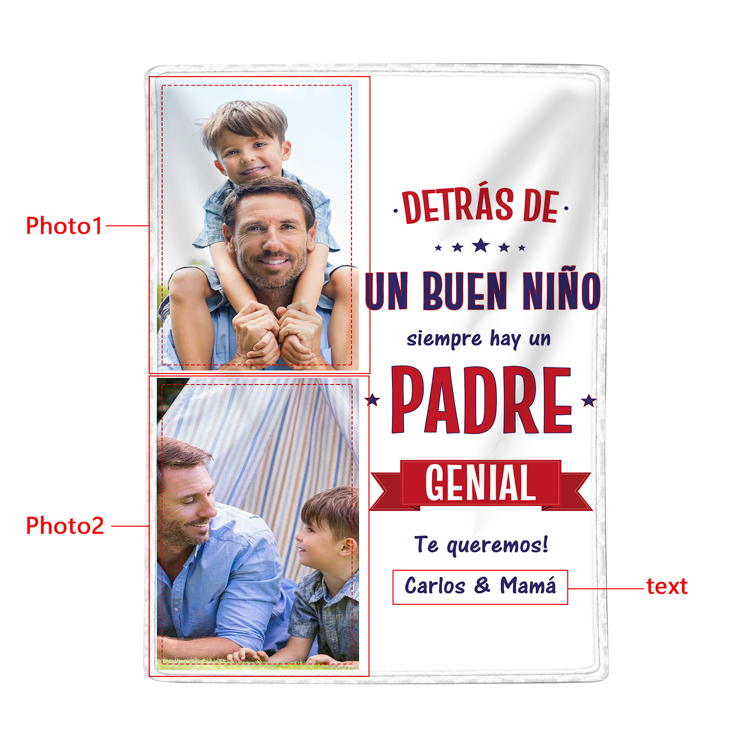 A mi padre - Manta de buen calidad con frase amoroso y personalizada con 2 fotos y 1 texto-Jessemade ES