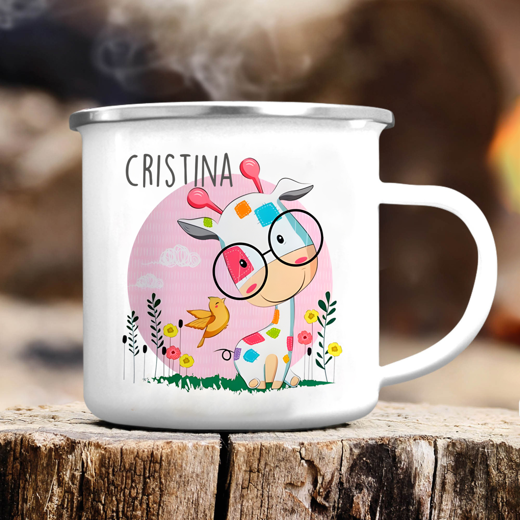 Vuelta al cole-Taza para niños "girafa con gafas" con 1 nombre personalizado