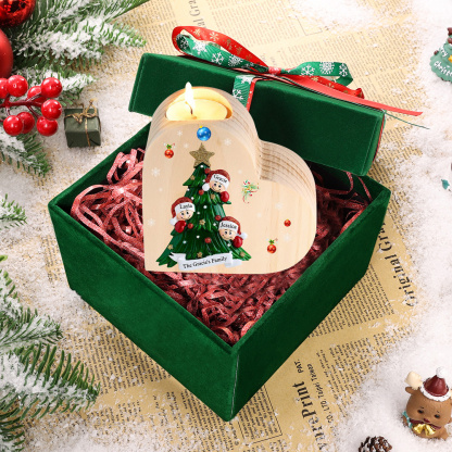 Navidad - Candelero de corazón de madera árbol de familia personalizado con 3 nombres y 1 texto sin vela-Jessemade ES