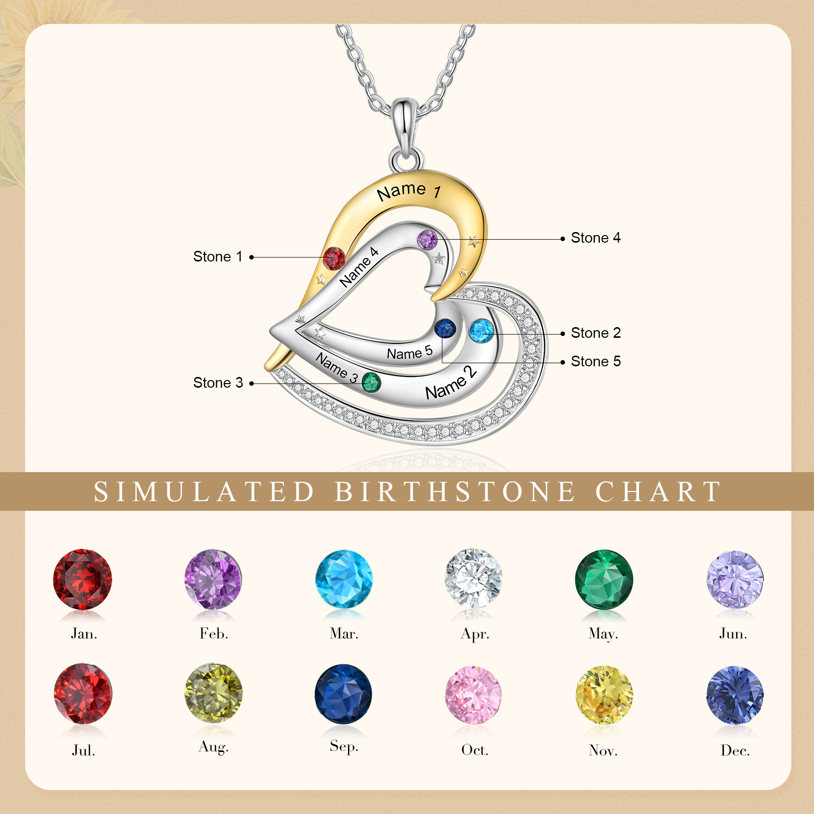 Collar de corazón con 5 nombres y piedras de nacimiento personalizados-Jessemade ES