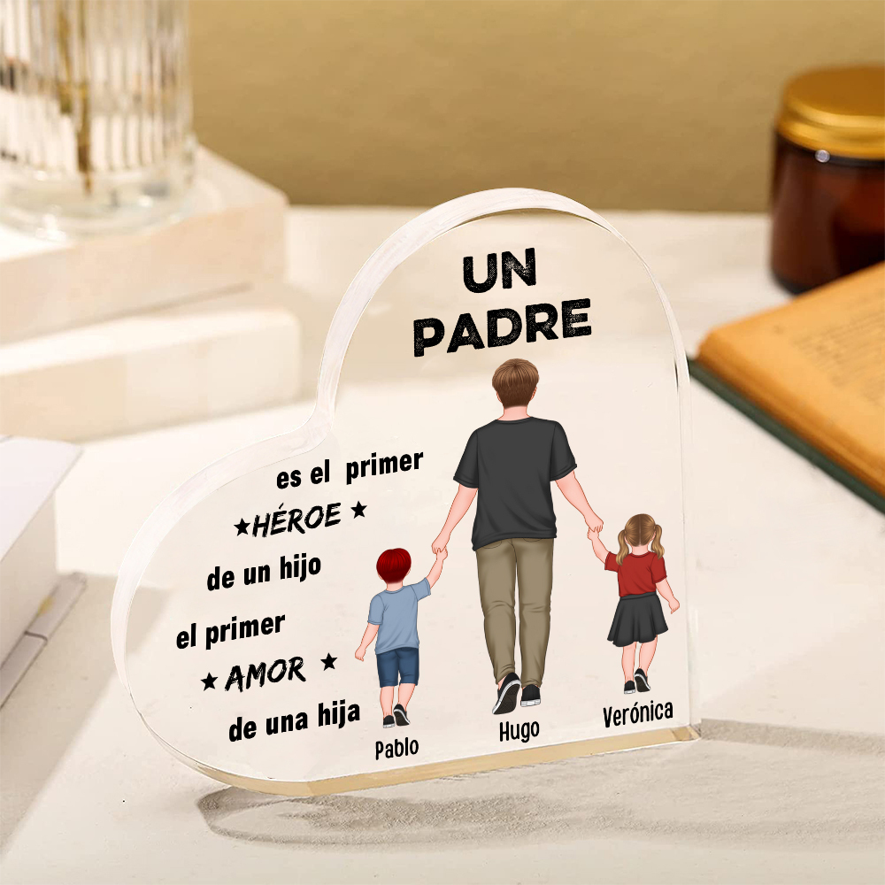 Placa de acrílico en forma de corazón papá e hijos con 3 nombres personalizados-Jessemade ES