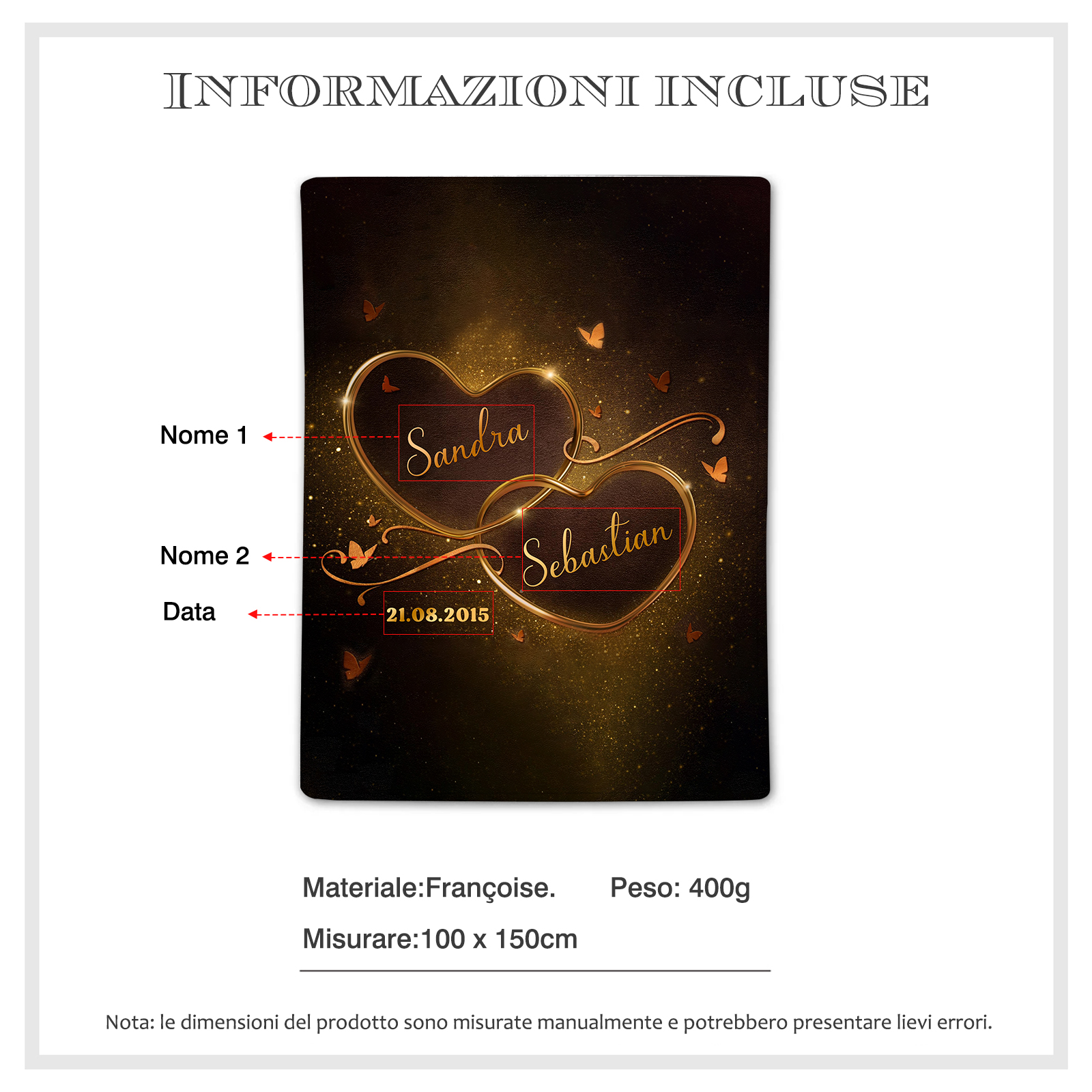 Pareja-Manta de buen calidad de dos corazones personalizada con nombres y fecha-Jessemade ES