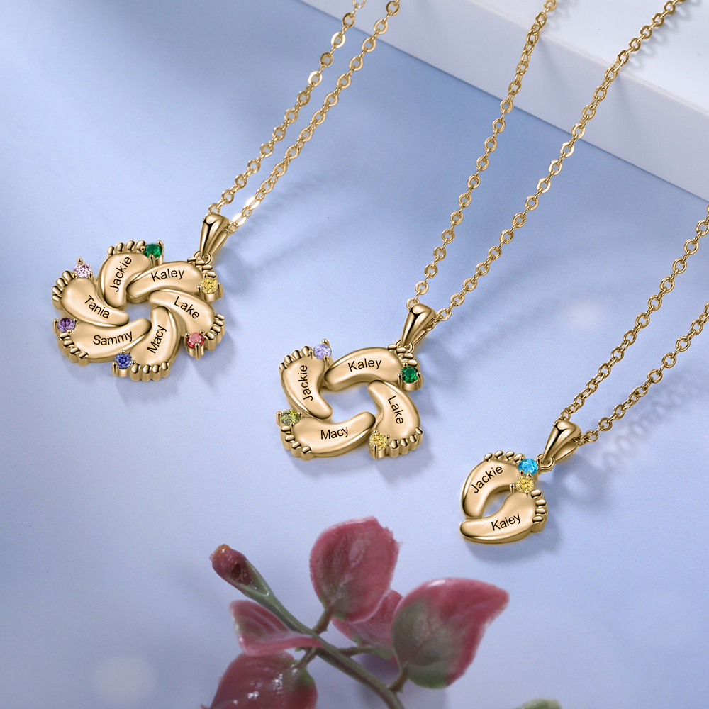 Collar pie de bebé con 1-6 nombres personalizados y 1-6 piedras de nacimiento color oro rosa-Jessemade ES