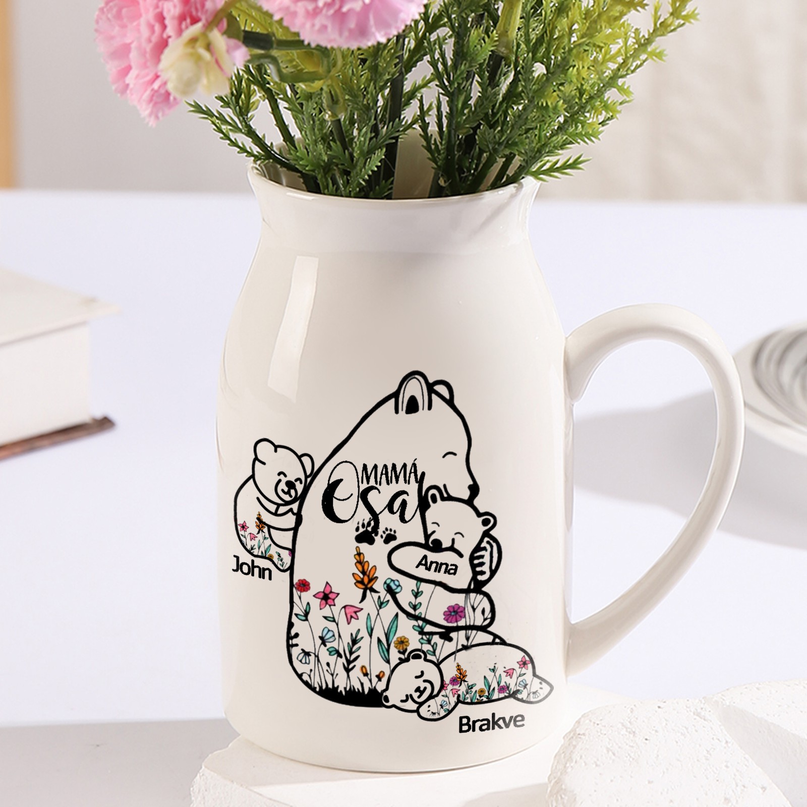 Florero de cerámica mamaosa y sus bebés 2-8 nombres personalizados con texto decoración del hogar-Jessemade ES