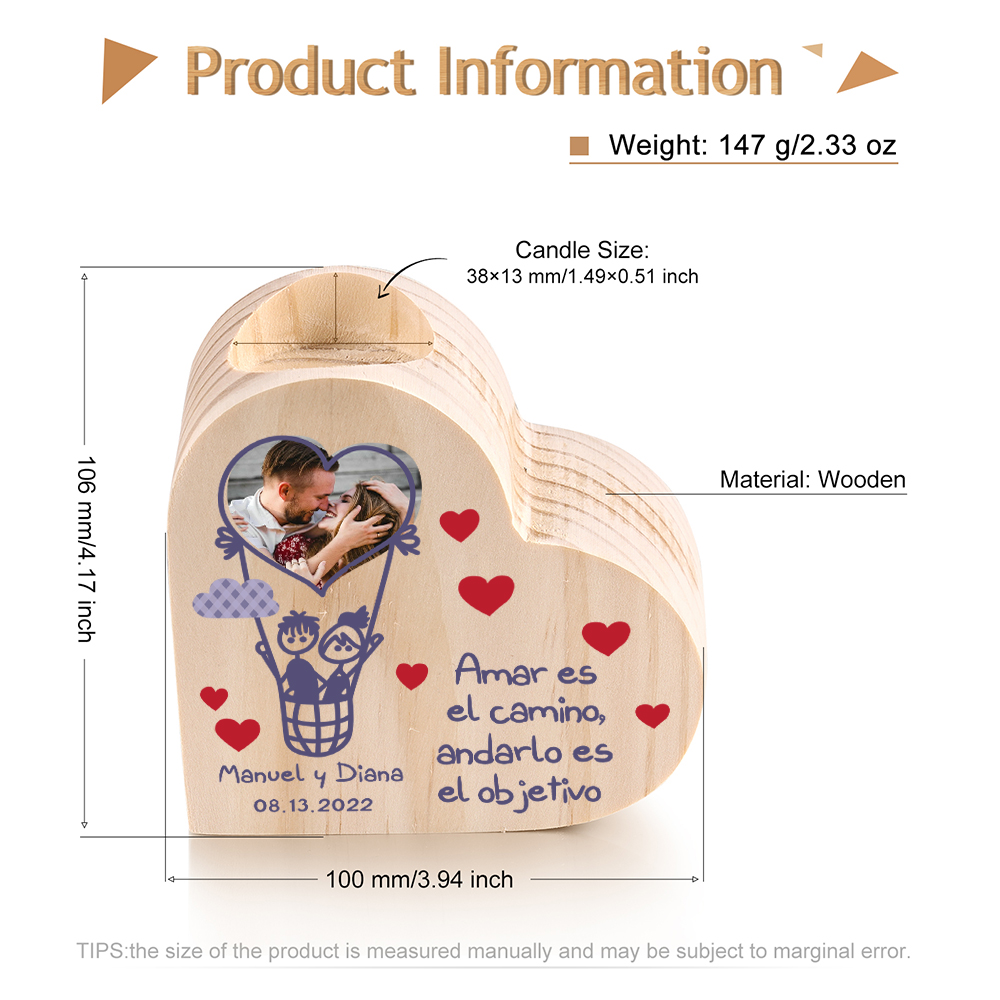 Candelero de madera globo aerostático para pareja sin vela personalizado con 2 nombres, fecha y foto-Jessemade ES
