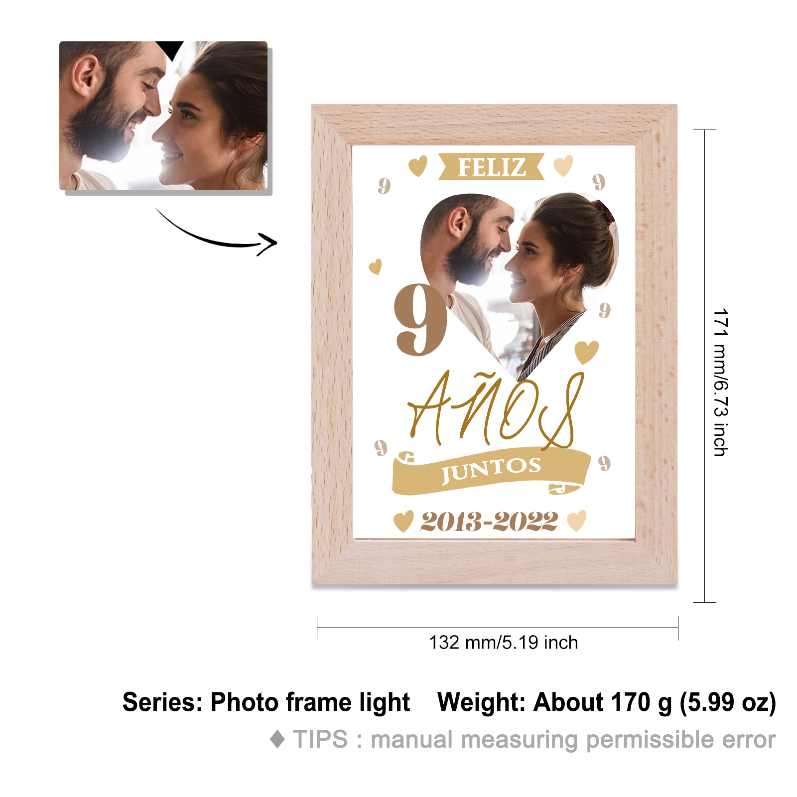 Marco con lámpara aniversario de 1 foto de madera para pareja 1 texto y número personalizados-Jessemade ES