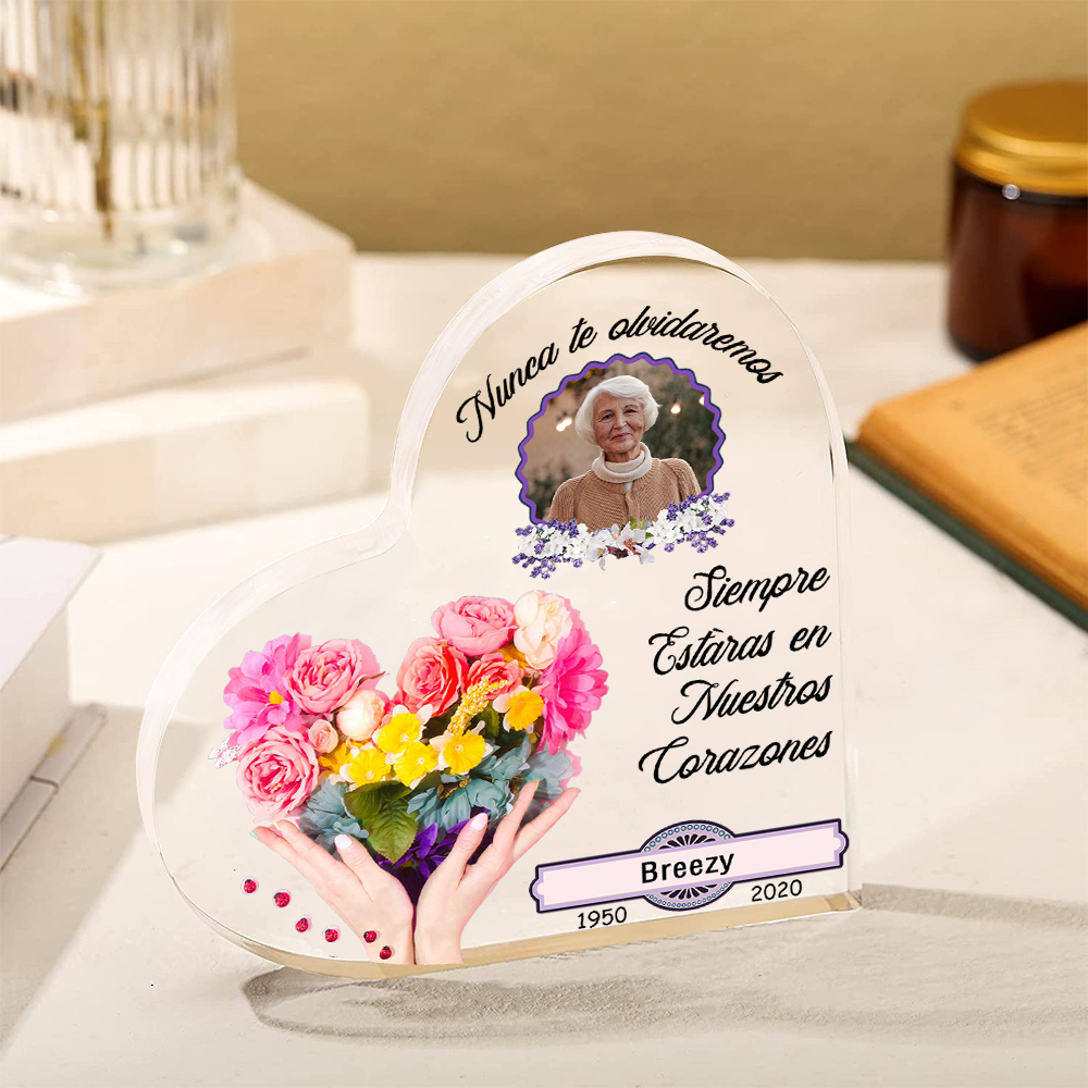 Placa de acrílico en forma de corazón con 1 foto, 1 nombre y 2 años personalizados para conmemoración-Jessemade ES