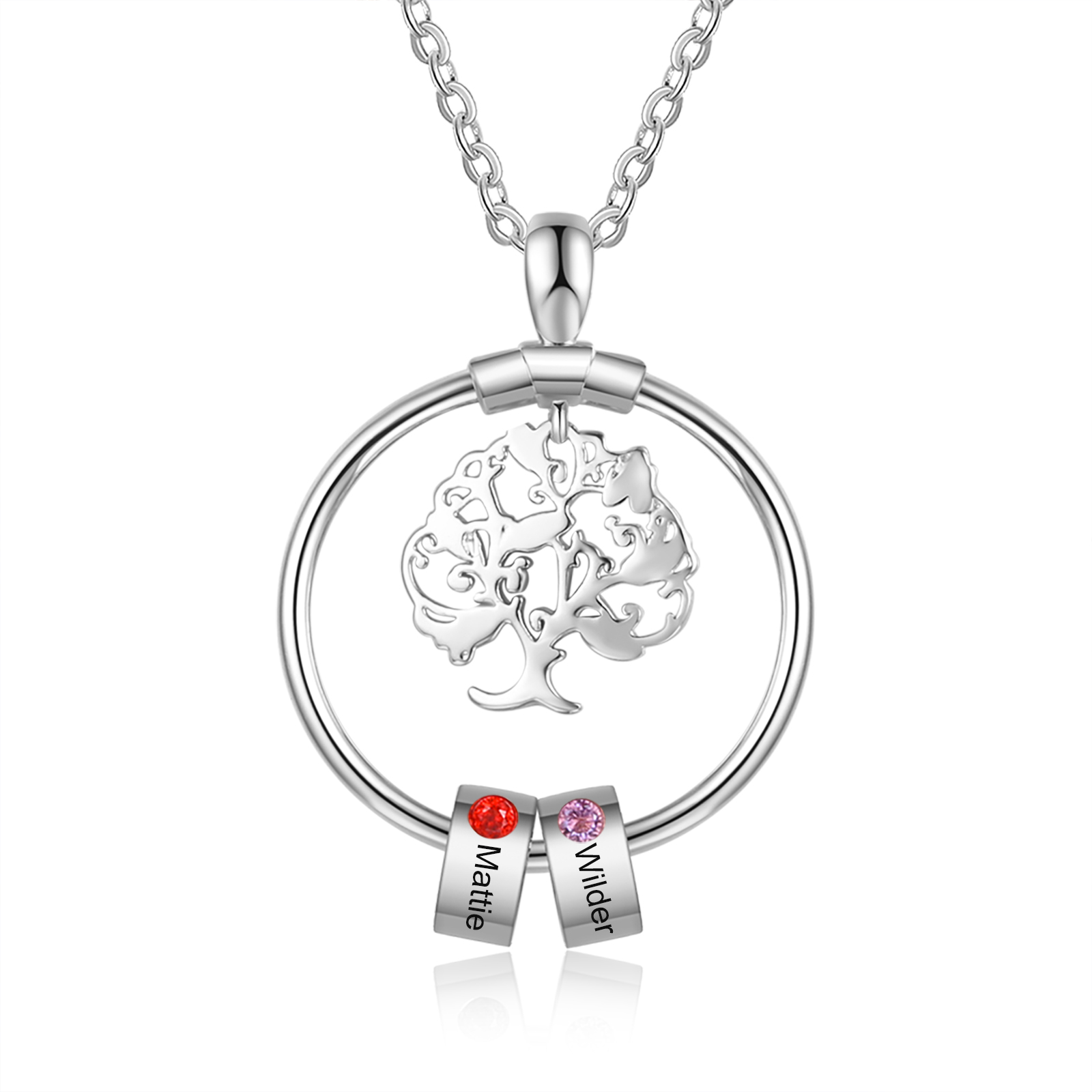Collar con 1-5 círculos 1-5 piedras de nacimiento y nombres colgante de árbol de la vida plateado-Jessemade ES