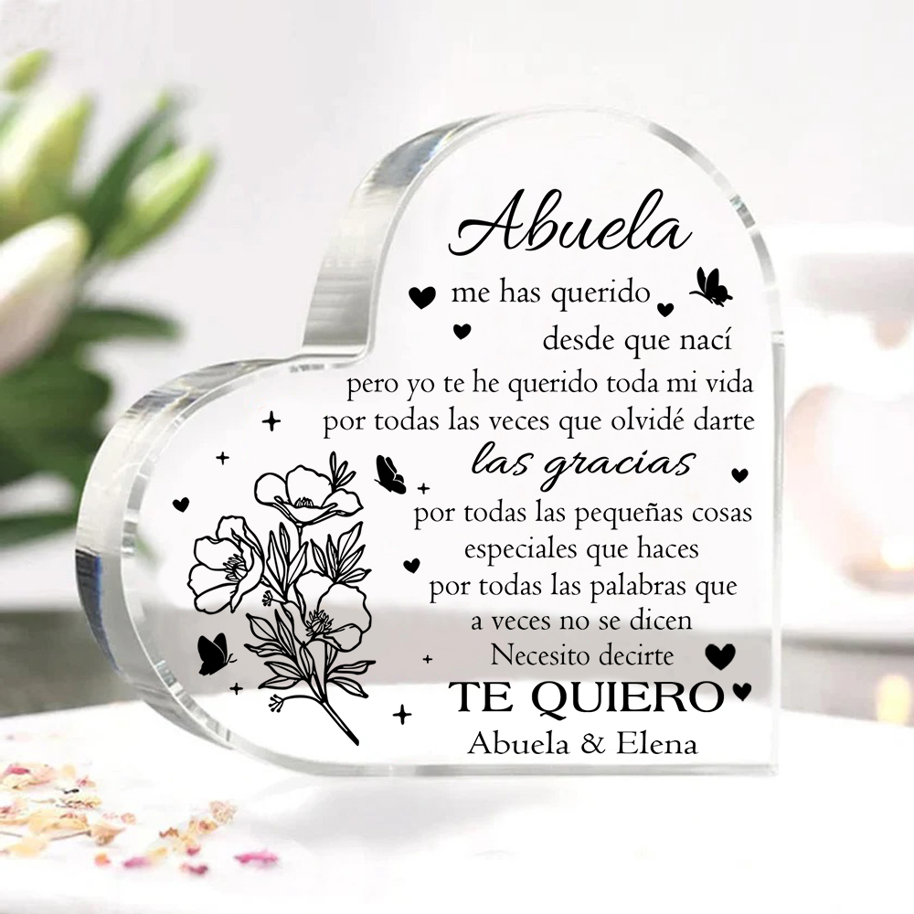 Abuela - Placa de acrílico en forma de corazón flores 2 nombres personalizados-Jessemade ES