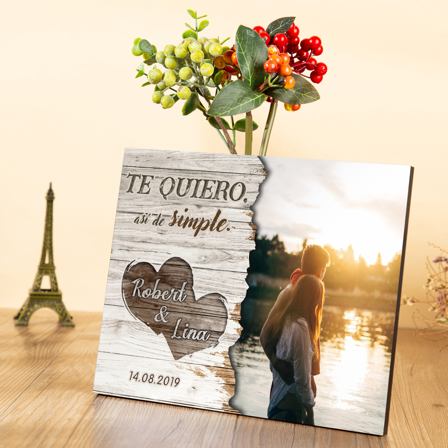 Lámina marco de madera para pareja 2 nombres personalizados con fecha y foto-Jessemade ES