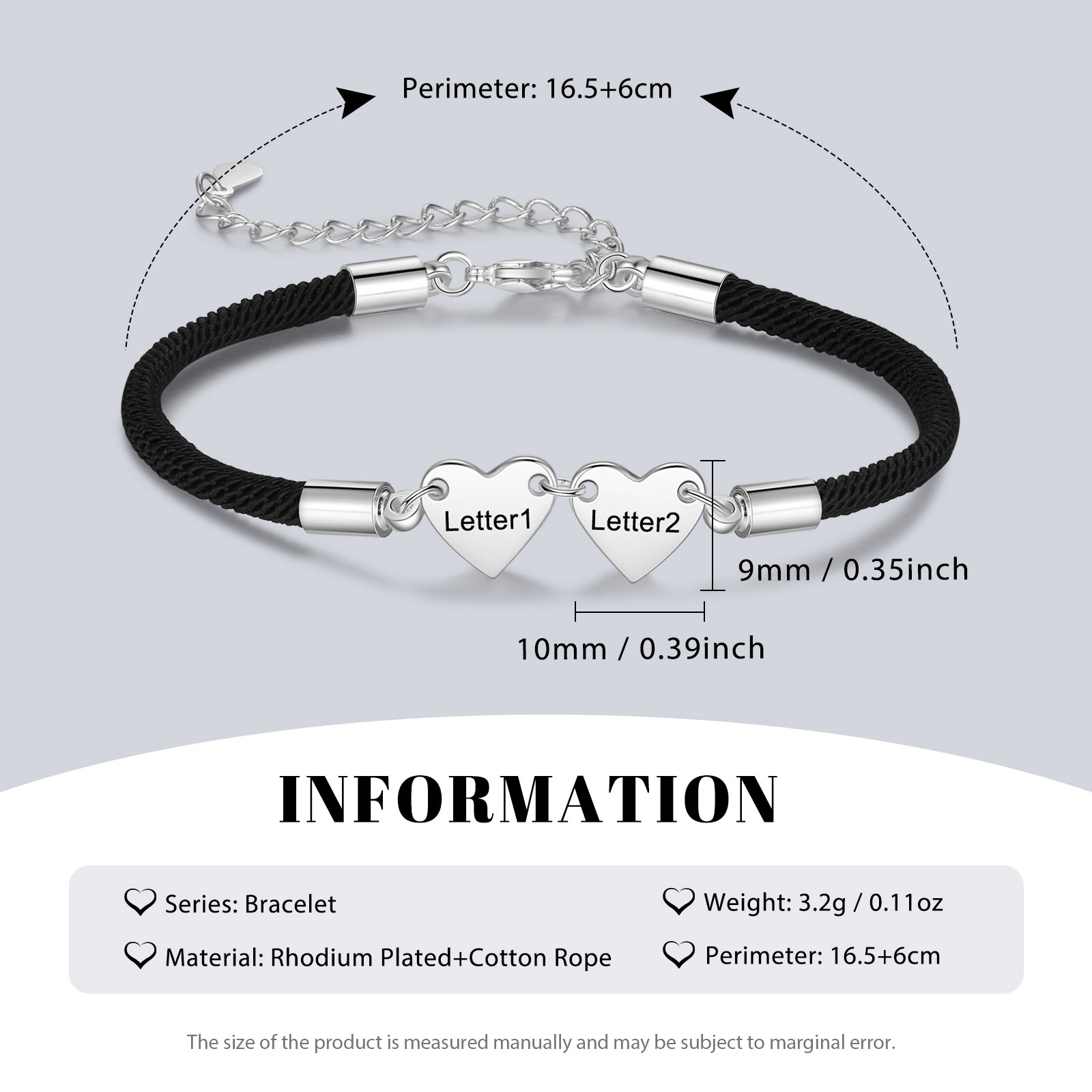 Pulsera de cuerda con dije de corazón 1-4 letras personalizadas-Jessemade ES