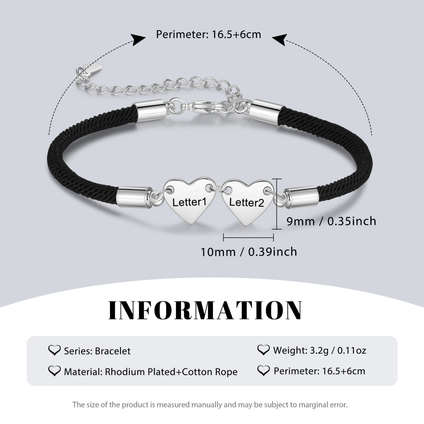 Pulsera de cuerda con dije de corazón 1-4 letras personalizadas-Jessemade ES