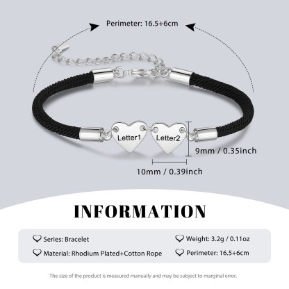 Pulsera de cuerda con dije de corazón 1-4 letras personalizadas-Jessemade ES