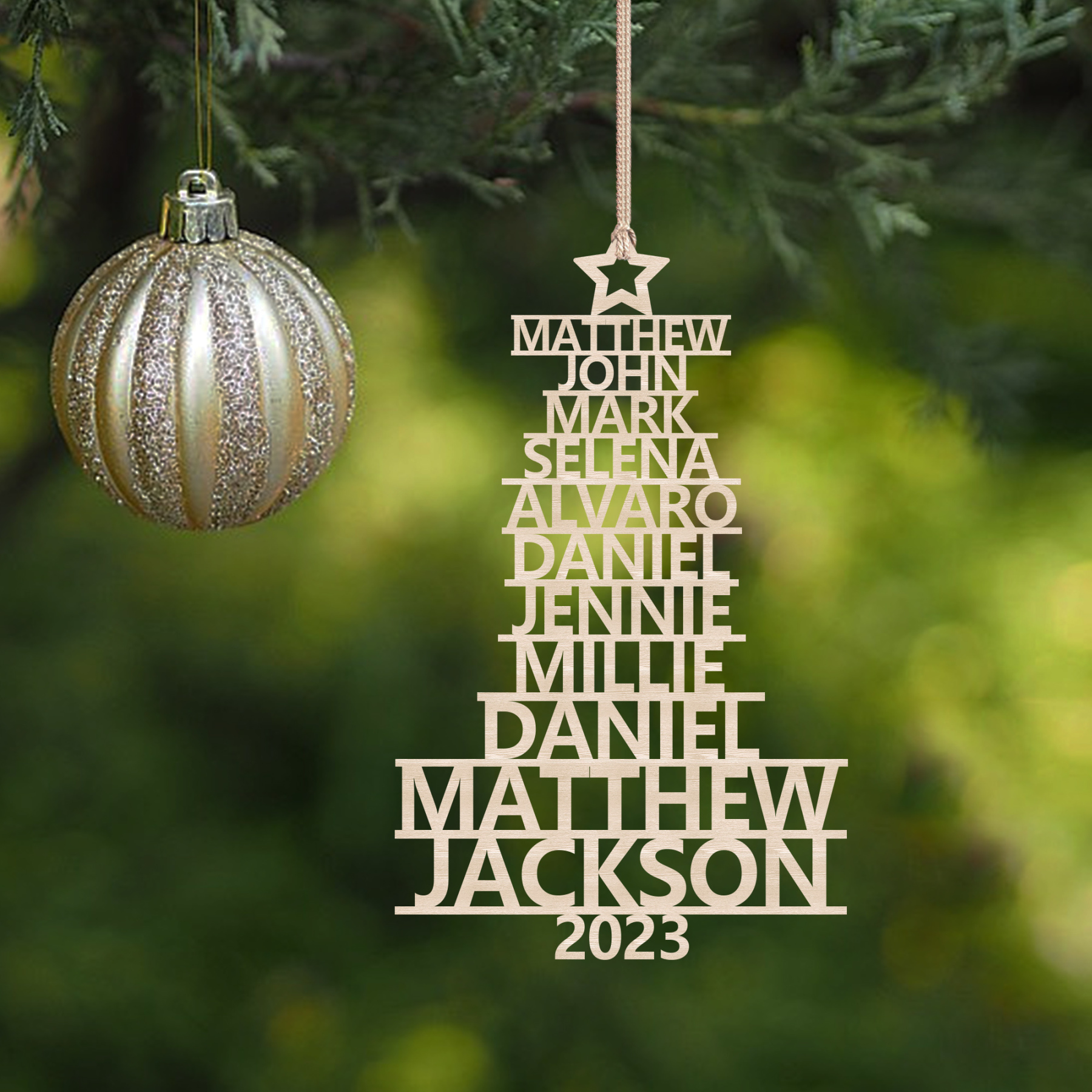 Navidad-Ornamento navideño de madera árbol de nombres con 11 nombres y año personalizados