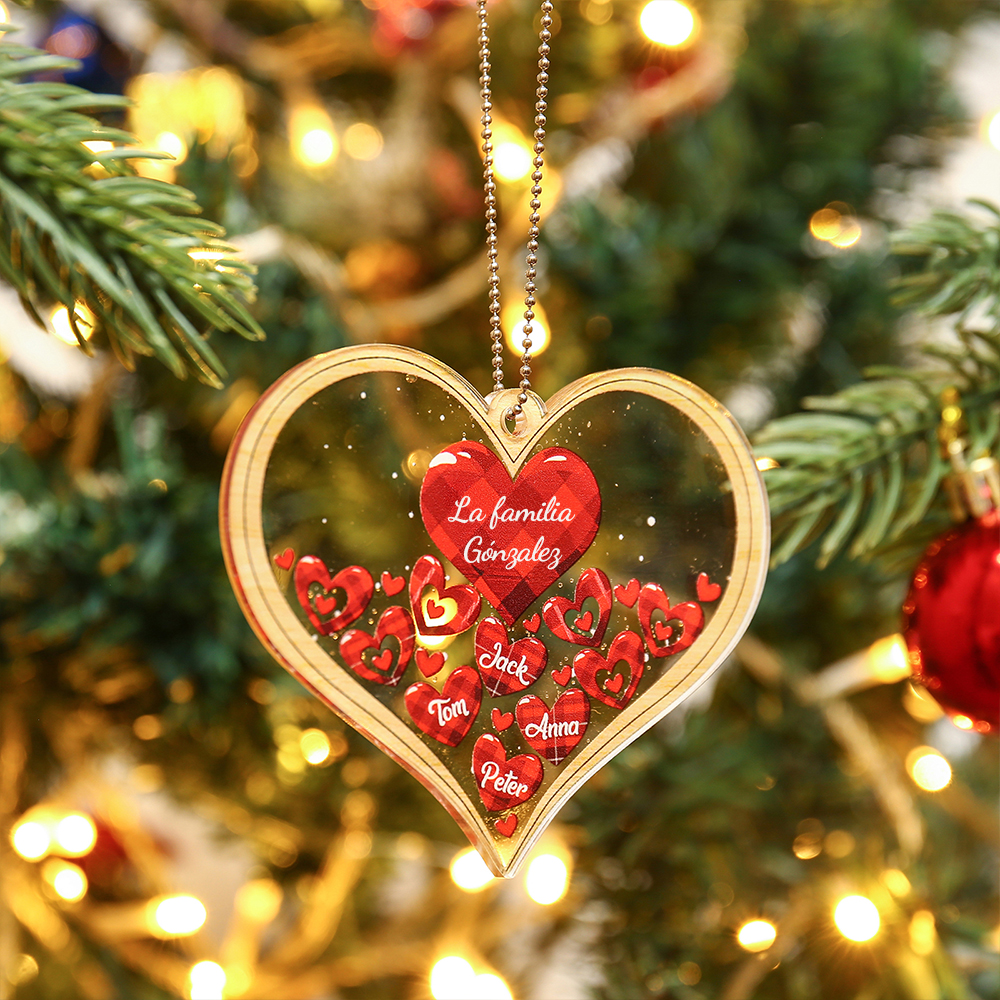 Navidad-Ornamento navideño de acrílico corazones con 4 nombres y 1 texto personalizados