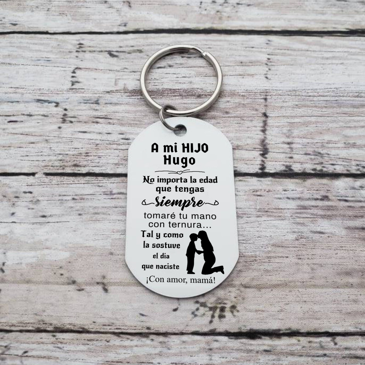 A mi hijo-Llavero de placa "siempre tomaré tu mano" de mamá personalizado con 1 nombre-Jessemade ES