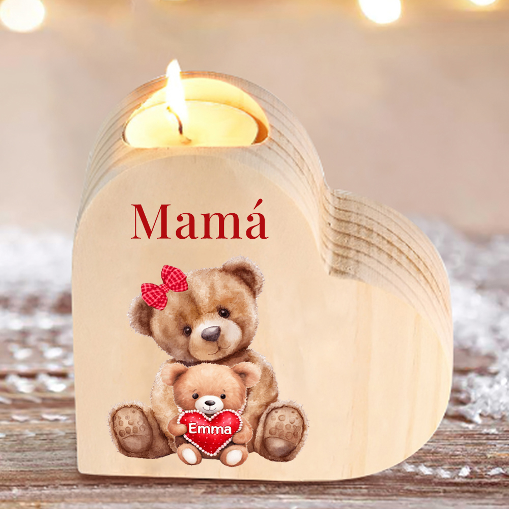 A mi mamá/abuela-Candelero osos 1-6 nombres y 1 texto personalizados en forma de corazón de madera sin candela-Jessemade ES