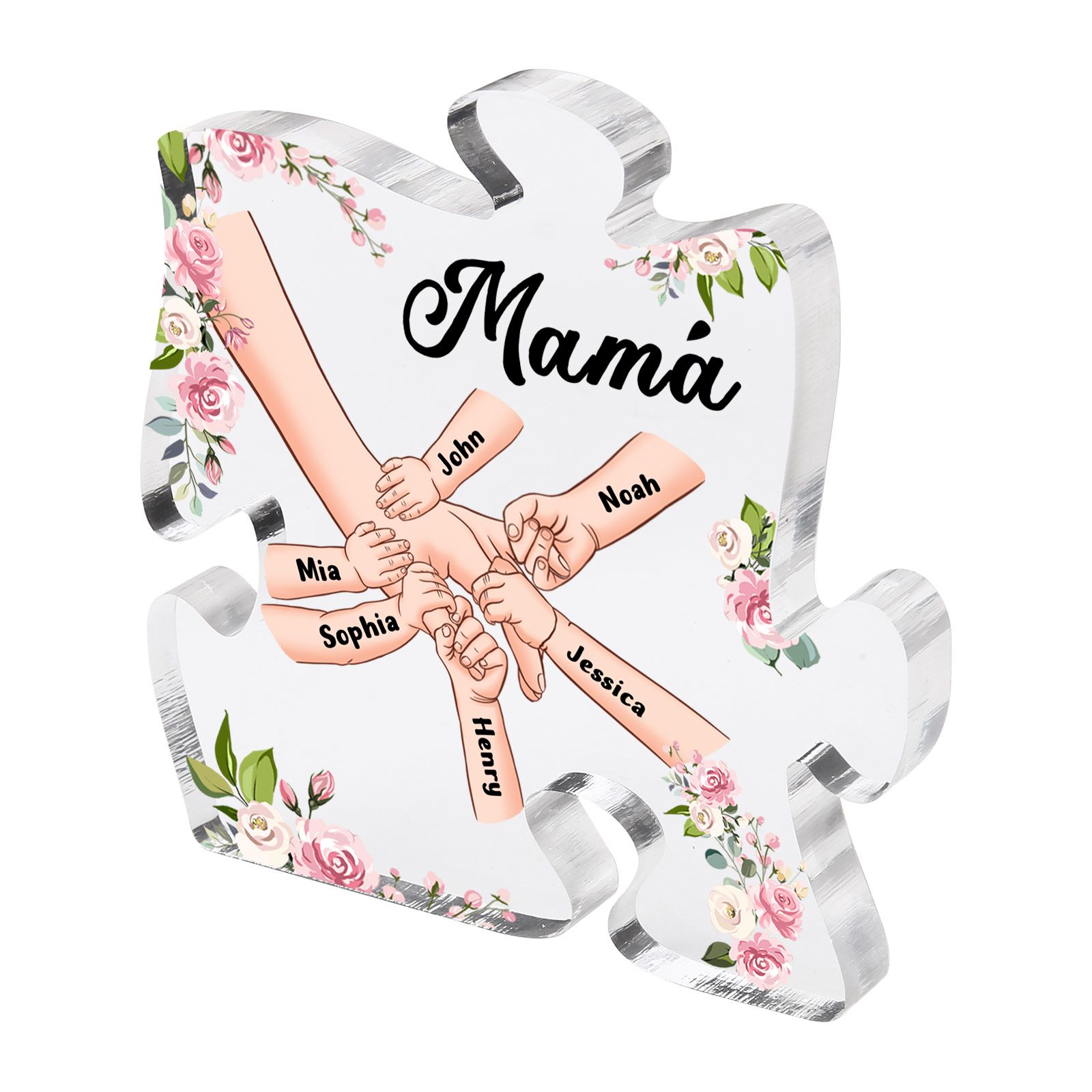 A mi mamá/abuela-Placa de acrílico en forma de corazón mano a mano con 1 texto y 6 nombres personalizados | Jessemade