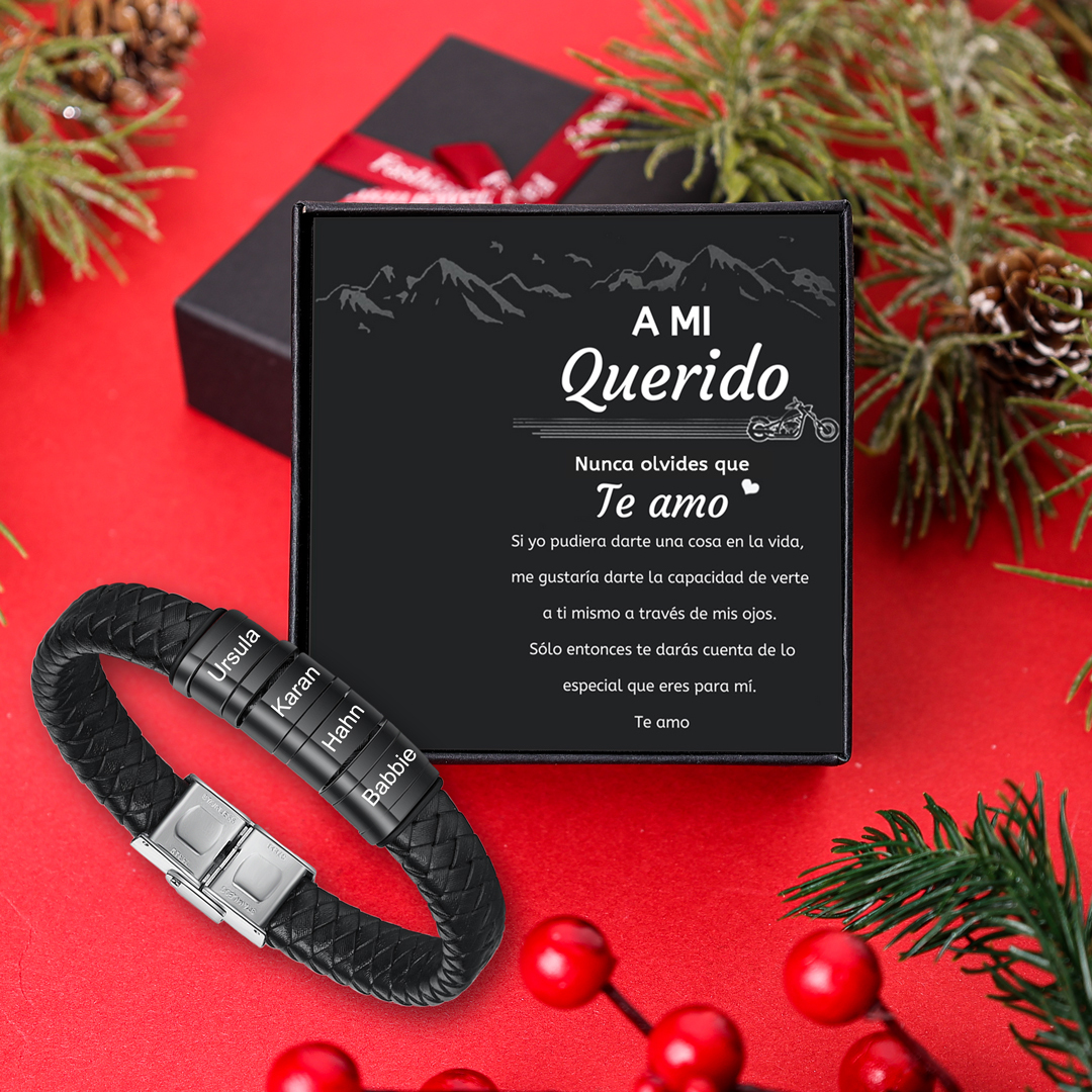 A mi querido-Pulsera de cuero trenzado de hombre con 4 perlas personalizadas con 4 nombres-Jessemade ES