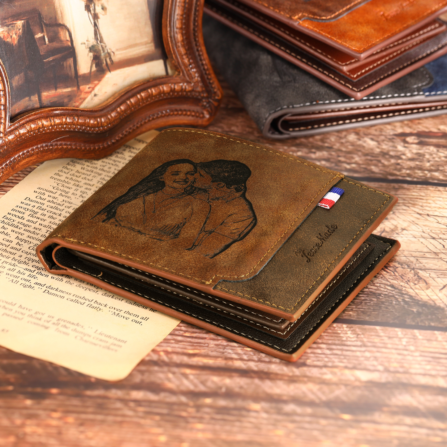 Cartera, billetera personalizada con 1 foto, 1 nombre y 1 letra monedero para hombre-Jessemade ES