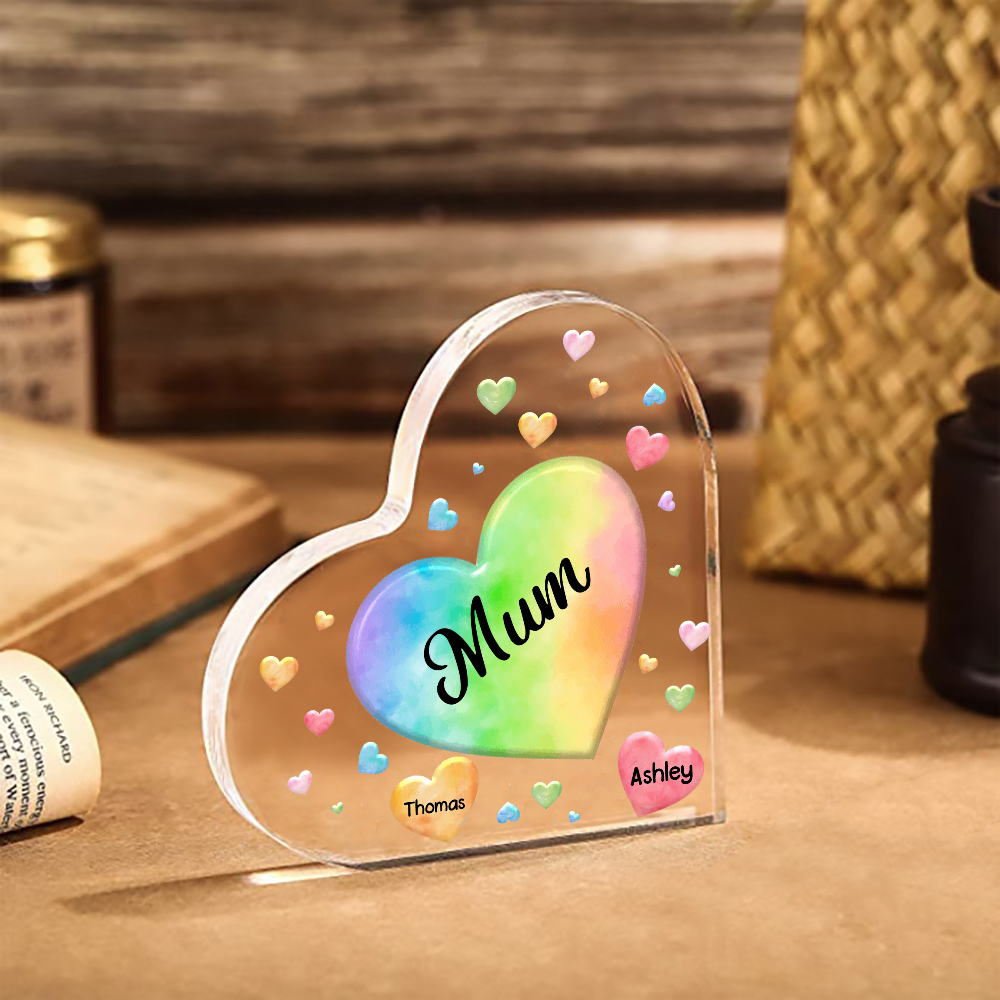 A mi mamá/abuela-Placa de acrílico "Corazones" en forma de corazón 2 nombres y 1 texto personalizados-Jessemade ES